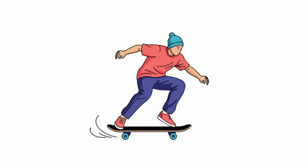 Fototapeta premium A skateboarder in a red shirt and blue pants performs a trick on a skateboard