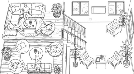 Obraz premium Modern interior design sketch and hand drawn floor plan of a cozy living room with people lounging in a multi-level architectural layout