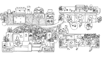 Obraz premium Hand drawn illustration of a busy cafe interior and coffee shop with people relaxing, working on laptops, and baristas preparing drinks