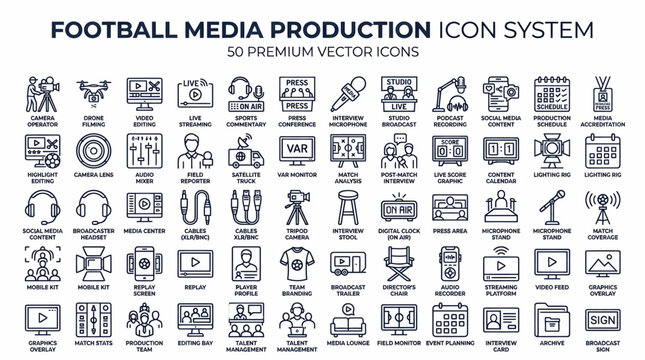 Football media production icon system with fifty premium vector icons for broadcasting