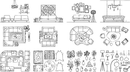 Obraz premium Interior Design Floor Plan and Furniture Sketch Set for Living Room Layout Planning and Architectural Decoration Ideas