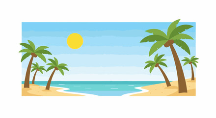 Obraz premium A serene beach scene with palm trees on sandy shores, calm waters, and a bright sun