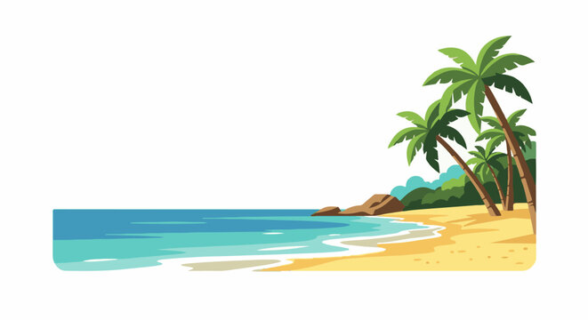 A serene beach scene with palm trees on sandy shore by calm blue waters