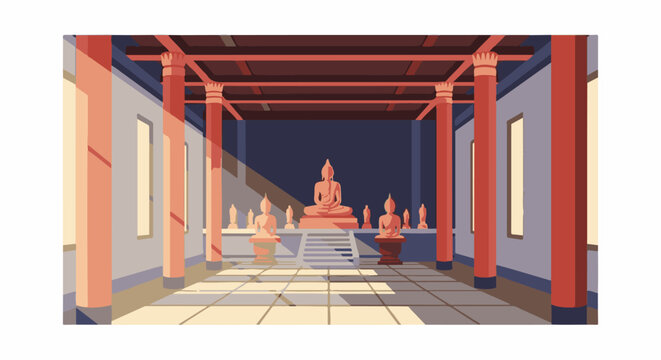 A serene Buddhist temple interior with statues and columns