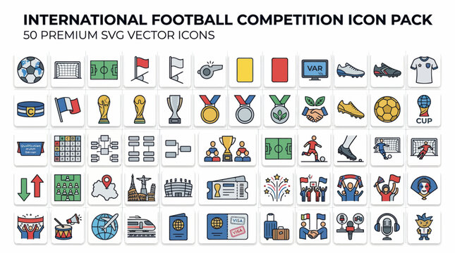 International football competition icons pack with 50 premium svg vector graphics