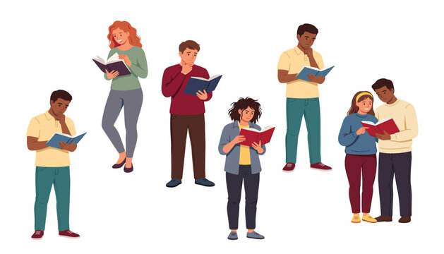 Diverse people characters reading books in various poses. Vector illustration, standing men, women, couple, thinking expressions.