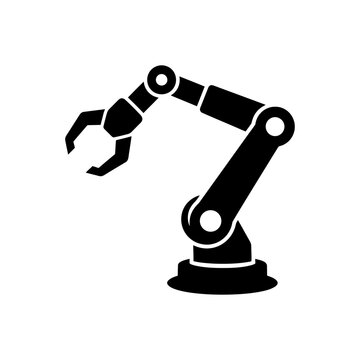 Black silhouette of a robotic arm for industrial automation in a smart factory, featuring a minimalist icon design for manufacturing and engineering.