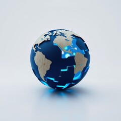 Obraz premium Globe constructed from puzzle pieces. Blue oceans, beige landmasses, glowing lines suggest connection, unity, global network concept. Minimalist style.