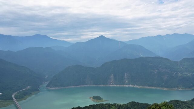 Aerial View of Zipingpu Reservoir and Rolling Clouds from Yunhua Mountain, Dujiangyan, Sichuan, China
