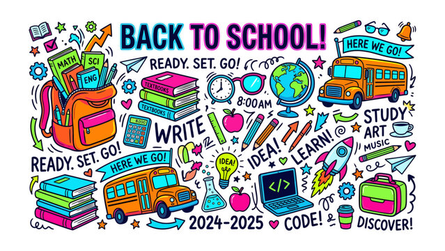 Back to School Doodle Celebration: A vibrant and colorful illustration bursting with iconic school supplies, eager students, and celebratory elements.