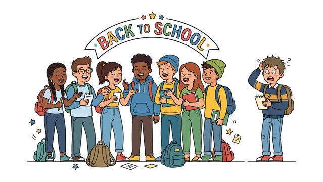 Back to School Excitement: A group of diverse students displays enthusiasm and anticipation as they prepare for the new school year, while one student shows apprehension.