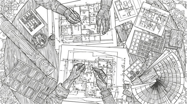 Architectural drawing of a floor plan with hands sketching the design process for an interior design project on a wooden desk
