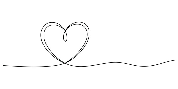Continuous line drawing of heart shape isolated on white background for romantic design concept