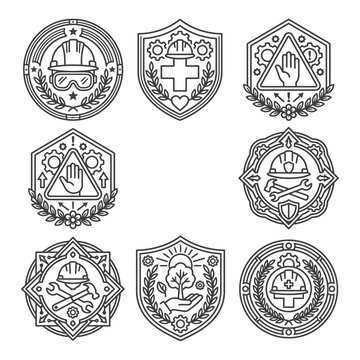 Industrial safety emblem set for construction protection featuring hard hat icons, gear symbols, and protective shield badges for occupational