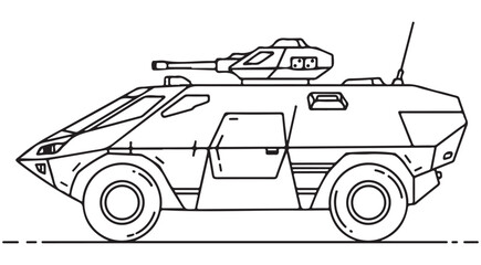 Armored military vehicle vector line art with turret and wheels for coloring book and educational use © Kue