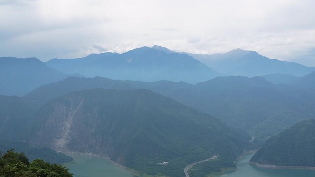 Aerial View of Zipingpu Reservoir and Rolling Clouds from Yunhua Mountain, Dujiangyan, Sichuan, China