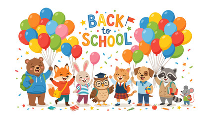 Fototapeta premium Cute Animals Go Back to School: A charming collection of anthropomorphic animal characters, including a bear, fox, rabbit, owl, cat, dog, raccoon, and mouse.