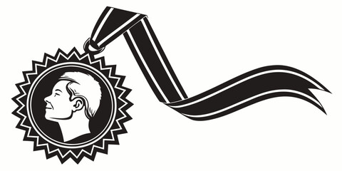 Profile portrait prize medal with sunburst edge and flowing celebration ribbon sunburst portrait achievement illustration monochrome recognition ceremony competition excellence © Kola