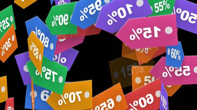 Colorful Discount Tags Falling and Rotating with Percentages