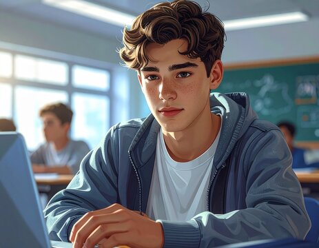 artwork illustrates a student engaging with artificial intelligence tools in an education