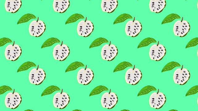 Custard apple seamless pattern, soursop fruit stop motion animation on green background