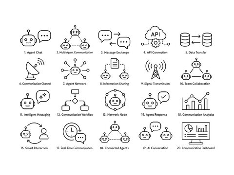 Set of icons representing various types of networks and systems with technology