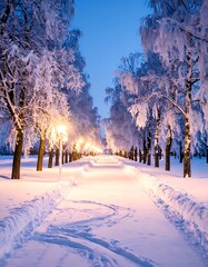 Naklejka premium Snowy pathway at dusk with trees and streetlights