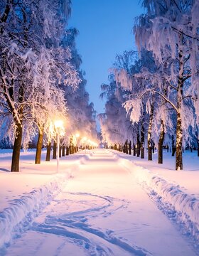 Snowy pathway at dusk with trees and streetlights