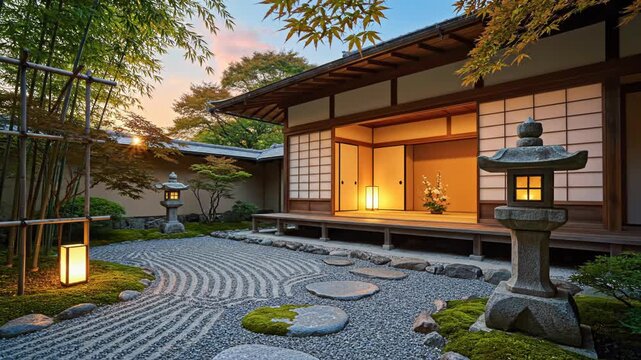 Traditional Japanese wooden house with shoji screens overlooking a Zen garden featuring raked gravel patterns, stone lanterns, and stepping stones during sunset with a bright sunburst.