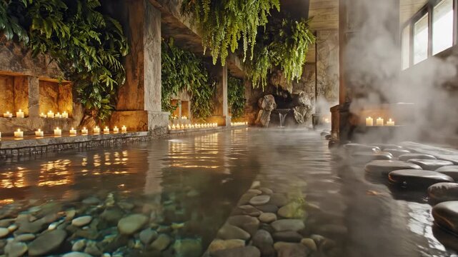 Indoor luxury thermal spa featuring a long pool with river stones, stone walls decorated with lit candles, rising steam, and hanging green ferns in a calm, atmospheric wellness center.