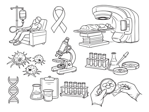 Cancer treatment and oncology research vector set, chemotherapy and radiation therapy illustrations, laboratory science and medical diagnostic icons
