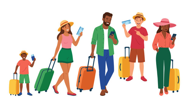 Diverse travelers group holding luggage and tickets. Vector illustration, tourists, suitcases, smartphones, summer vacation clothing.