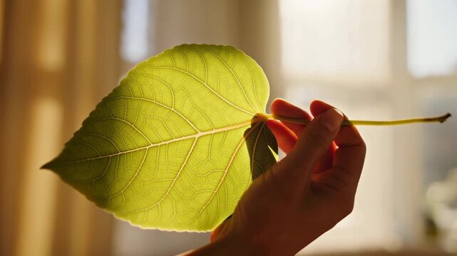 Midframe Hand Holding Leaf in Sunlit Indoor Scene
