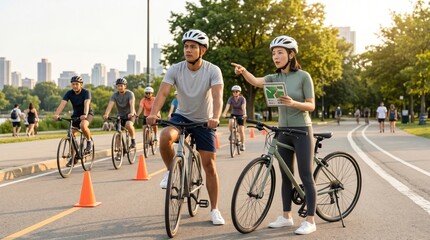 Obraz premium Urban Cycling Group Day - Adult cyclist and organizer checking group spacing