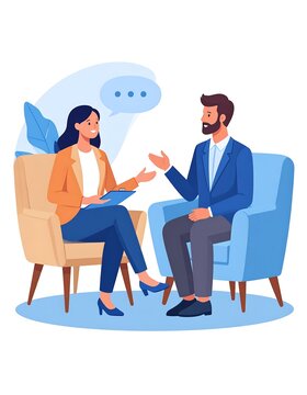 Two people sitting in chairs having a conversation