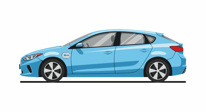 A light blue hatchback car with silver rims and black tires on white background