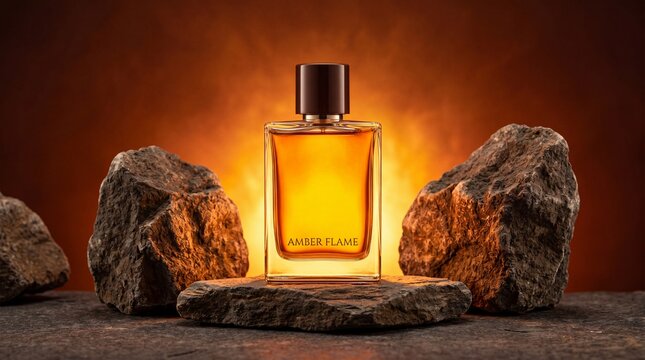 Amber flame perfume bottle on rocks with warm lighting