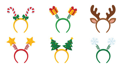Christmas headband collection with festive holiday elements. Vector illustration, reindeer antlers, candy canes, trees, stars, gifts. © Creative Studio 