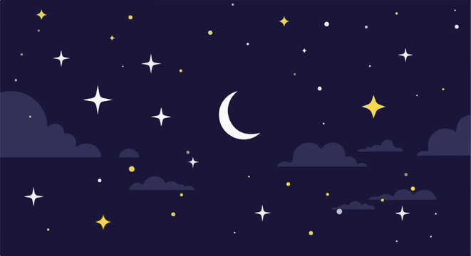 A serene night sky scene with a crescent moon surrounded by stars and clouds