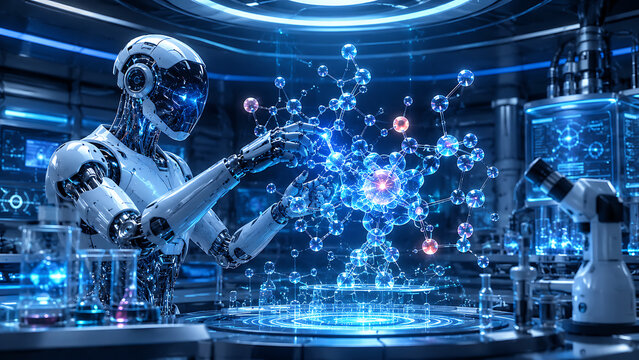 Humanoid robot analyzing holographic data interface in advanced AI research laboratory