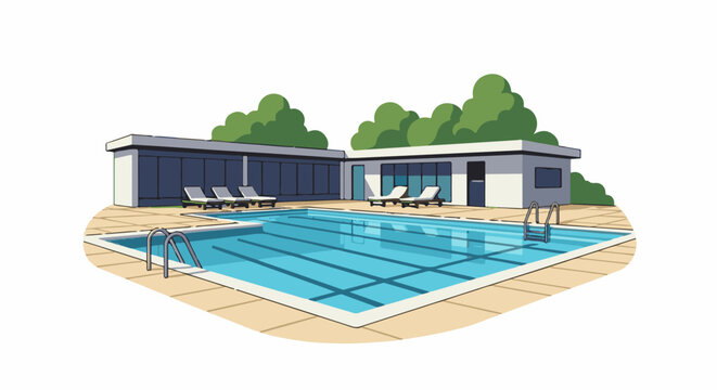 A serene outdoor swimming pool with modern buildings and lounge chairs