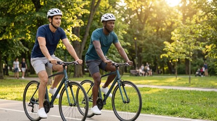Obraz premium Urban Cycling Group Day - Fitness and weekend cyclists riding past park trees