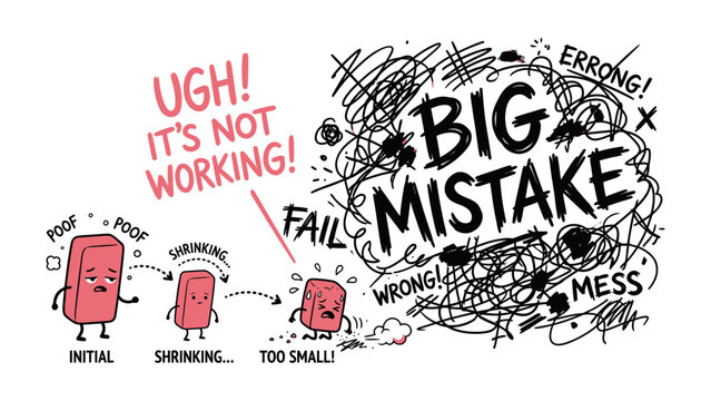 A Red Eraser's Downfall: An anthropomorphic red eraser undergoes a series of unfortunate changes, shrinking with each attempt to correct a mistake.