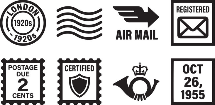 Set of vintage postmarks and mail stamps in black and white including air mail postage due and postal service symbols for graphic design
