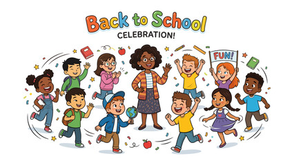Back to School Celebration with Diverse Children and Teacher: A cheerful teacher stands amidst a lively group of ethnically diverse elementary school children. © Karima