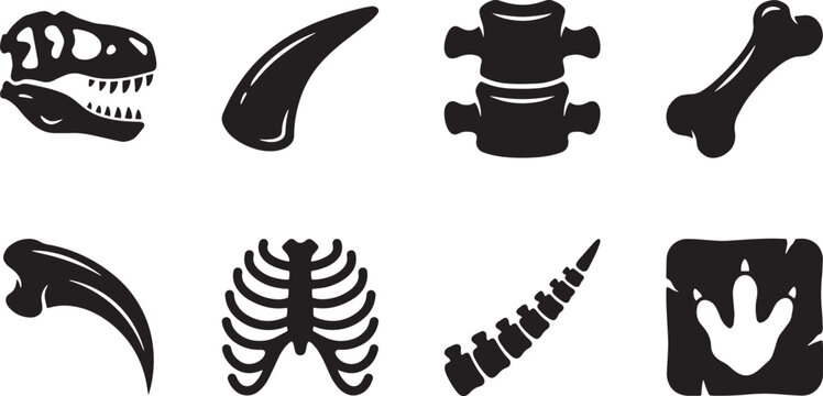 Dinosaur bone and fossil icon set featuring skull, claw, vertebrae, and footprint silhouettes
