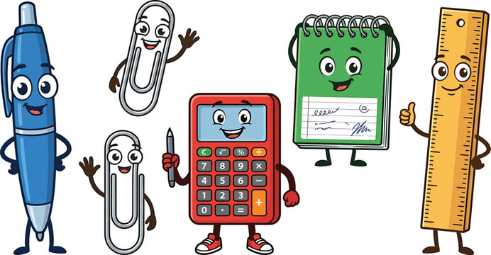 Cartoon school supplies characters set including pen calculator notebook paperclip and ruler in a fun vector illustration