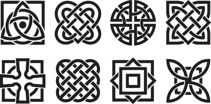 Collection of intricate geometric knot patterns, showcasing diverse interwoven designs and ancient cultural symbols for decorative projects
