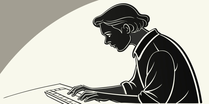 Minimalist graphic silhouette of a person typing on a computer keyboard with computer keyboard silhouette technology business illustration communication professional operator employee