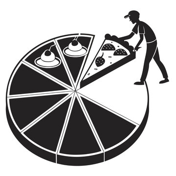 Service worker placing a fruit topped cake slice on a segmented dessert chart with illustration business marketing division analysis statistics strategy professional culinary isolated
